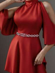 1件酒红色水晶手工婚礼腰带，细腰带，适合正式礼服、新娘配饰、派对宴会装饰、圣诞节和母亲节礼物、情人节配饰 - 紅色絲帶 - 查看 3