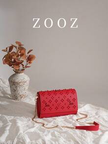 New Solid Color PU Leather Chain Bag, Vintage Rivet Decor Shoulder & Crossbody Bag - Red - Red - View 2