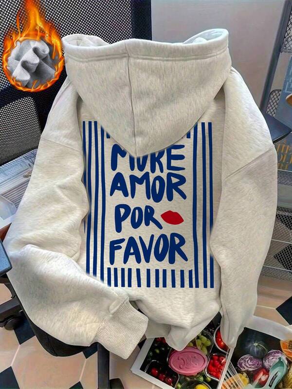 Sudadera con capucha de manga larga con estampado de letras, cordón y bolsillos para mujer, estilo casual y suelto, multifuncional y festivo, ropa de mujer para otoño e invierno, adecuada para uso diario.