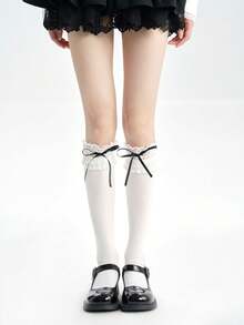 1双轻薄日式蝴蝶结蕾丝过膝袜，四季皆宜，Y2K风格，舒适保暖