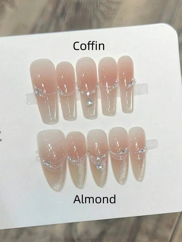10pcs Handmade Nails Almond Coffin Nails Press On Nails Long, Gentle Pink Blush Pink Nails, Flashy Iced Cateye French Tip Nail Tips, Nail Gems Zirconia Diamond Inlaid, Edgy Elegant Luxury Handcrafted Autumn Nails, Fall Press On Nails, Party Daily & Dating Use Beach Tropical Getaway Suitable,DIY False Nail Art Suitable For Women & Girls As Gift Nail Supplies - Multicolor - View 13