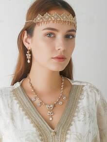 A Set Of Fashion Jewelry Headdress Combination With Necklace And Earrings, Variety Of Colors And Styles Suitable For Wedding, Daily Wear, Party - Gold Style, White Rhinestone, Versatile Bridal Accessory Set