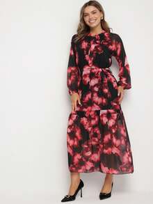 Casual Long Sleeve Floral Boxy Dress With Belt For Women