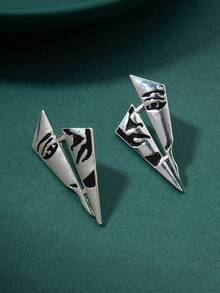 1 Pair Fashionable Punk Style Geometric Triangle Enamel Abstract Face Stud Earrings, Suitable For Women's Daily Wear, Beach, Travel, Social Occasions, Jewelry - Silver - View 5