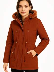 Chamarra Acolchada con Gorro de Peluche y Cierre Dorado Color Cobre - Kaki - Ver 1