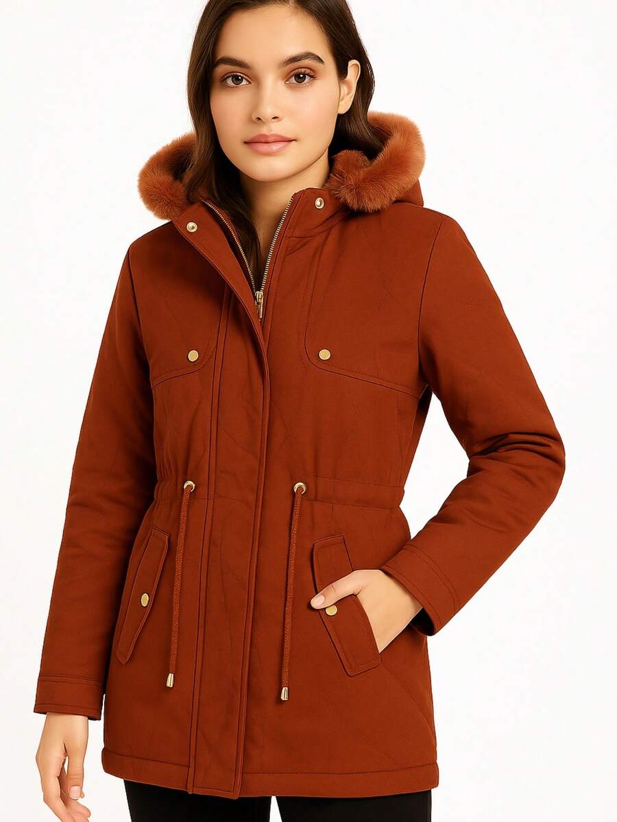 Chamarra Acolchada con Gorro de Peluche y Cierre Dorado Color Cobre - Kaki - Ver 1