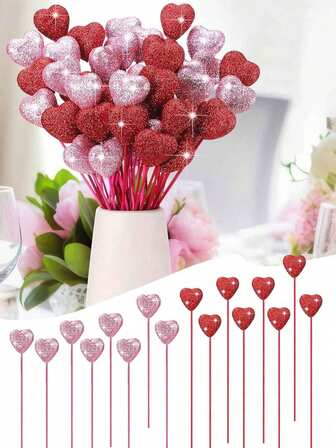 12pcs Valentines Day Foam Heart Glitter Picks - Red & Pink Sparkly Sticks For Flower Arrangements Floral Bouquet Home Supplies Decorations-Home Party Decorations, Party Table Centerpieces For Event & Party Supplies