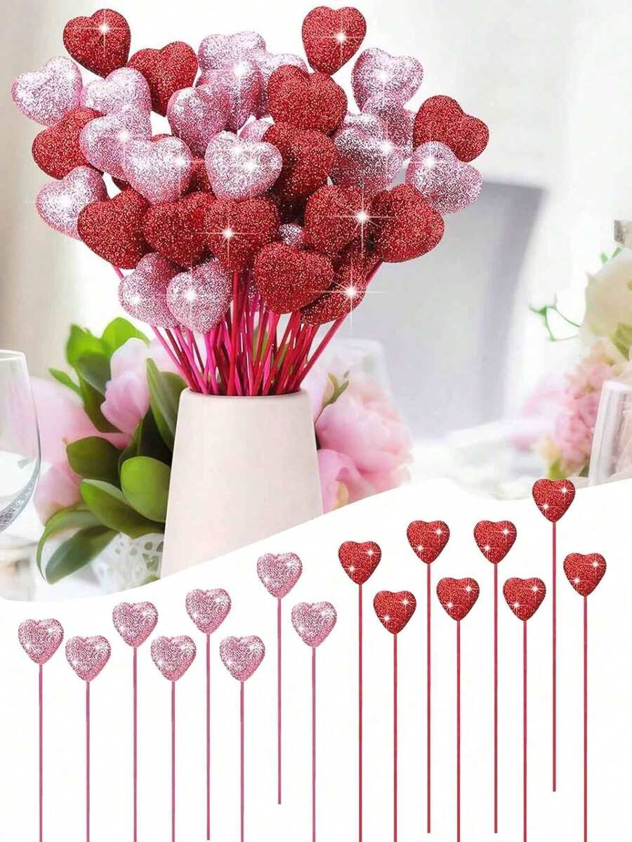 Conjunto de 12 Palitos Decorativos de Espuma em Formato de Coração com Glitter para o Dia dos Namorados - Palitos Vermelhos e Rosa Brilhantes para Arranjos Florais, Buquês e Decoração de Casa - Decoração de Festas e Eventos, Centros de Mesa e Artigos para Festas - Multicolorido - Ver 1