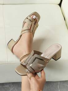 夏季畅销款绳纹缀饰粗跟/低跟金色女式凉鞋 - 金色 - 查看 10