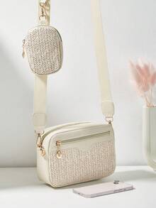 1pc Girls' Mini Wave Pattern Embossed Letter Pouch, Phone Wallet Coin Purse - Braided Apricot - View 3