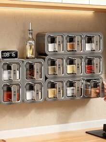 1 szt. Szaro-mleczno-biały pojemnik na przyprawy, stojak na przyprawy, szuflada na przyprawy, samoprzylepny pojemnik na przyprawy do montażu na ścianie, modny wygląd, odpowiedni do szafki, kuchni, przechowywania cukru, soli, pieprzu i innych przypraw, nie wymaga wiercenia, nadaje się do blatów kuchennych i przechowywania żywności - Wielokolorowe - Zobacz 5