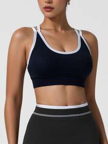 Sodalemon Women Elastic Cross Back Gym Bra Fitness Casual Outdoor Contrast Color Training Athletic Wear Running Yoga Top Seamless Round Neck Sport Bra - Black - View 5