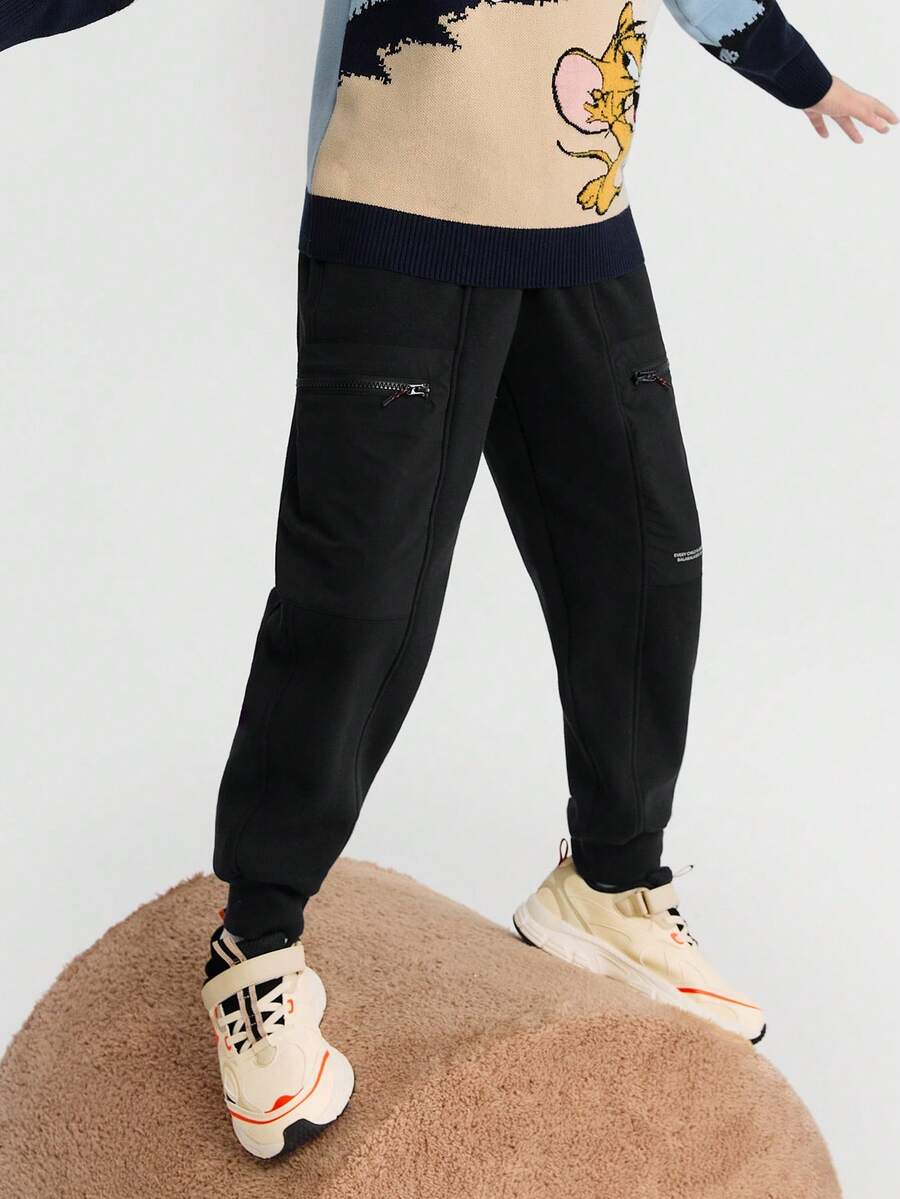 Balabala 儿童男童抓绒运动裤，2025秋冬款，保暖休闲 - 黑色 - 查看 1