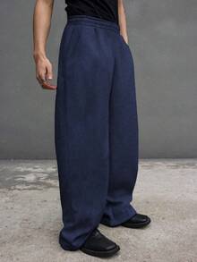 1pc Teen Boys Casual Loose Comfortable Outdoor Sports Solid Color Fleece Knit Straight Leg Wide Leg Polyester Pants, Spring/Autumn/Winter - Navy Blue - View 4