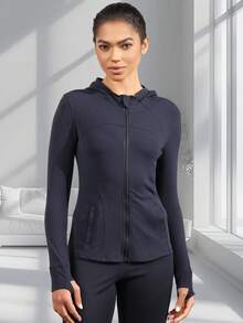 Women's Hooded Long Sleeve Sports Jacket With Thumbholes With Pockets, Breathable Athletic Casual Pullover, Sportswear, Fitness Clothing, Yoga Jacket, Fitness Clothing, Long Sleeve Cycling Sweatshirt, Women's Outdoor Sports Running Tops, Women's Yoga Hoodie Suitable For Running, Fitness, Yoga, Everyday Leisure - 藏蓝色 - 查看 6