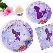 1 Set Mermaid Silhouette Disposable Plates, Napkins And Cups, Serves 10 Guests, Suitable For Birthday, Wedding, Party, Family Picnic - Multicolor - View 4
