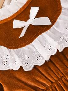 女婴碎花领长袖连体衣，婴幼儿休闲连体衣，秋冬季 - 棕色 - 查看 5