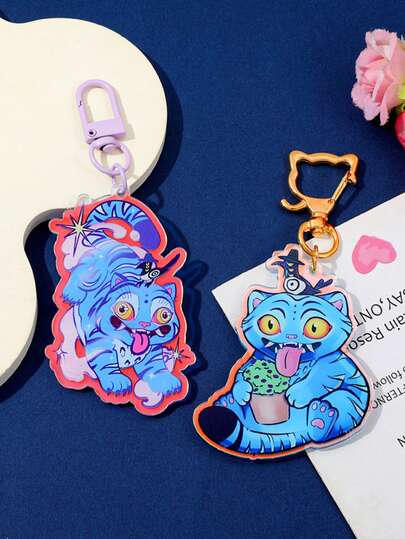 Mattel K-POP Wish Hunters 诡异蓝猫钥匙扣挂件，可爱怪诞卡通猫咪亚克力钥匙圈，趣味哥特动物钥匙扣，适合万圣节派对礼物、生日礼物、圣诞节礼物