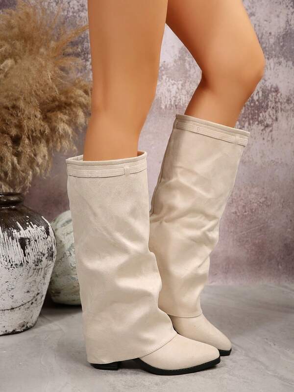 Women's Pointed Toe Thick Heel Wedge Sexy Pants Style Boots, Retro Over-The-Knee High Boots,Match Leggings