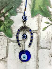 1 pieza Llavero colgante con decoración de ojo de demonio y herradura con cristal de ojo azul, amuleto de la suerte con forma de ojo de demonio y herradura con decoración de cristal azul