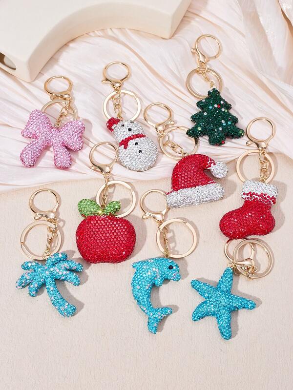 Weihnachts- & Sommer-Schlüsselanhänger mit Strass - Süßer Schneemann, Weihnachtsbaum, Palme, Seestern glitzernde Schlüsselringe für Tasche und Auto Dekoration, täglicher Gebrauch & ideale Geschenke