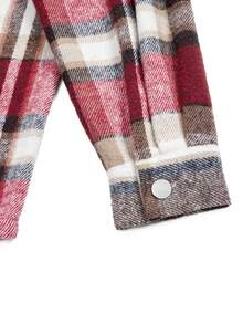 格子印花休闲长袖衬衫，秋冬女式短袖外套 - 紅色 - 查看 7