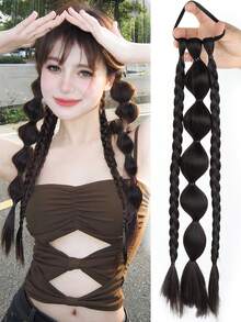 1PC Synthetic New Chinese Style Long Straight Hair Natural Lantern Bubble Braid Plait Ponytail Wig With Rubber Band Natural Fashion For Girls Kids Sweet CoolLong Braid Lantern Boxing High Ponytail - Multicolor - View 3