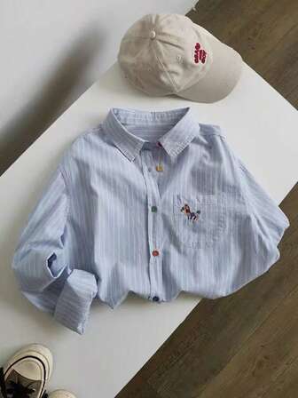 Women's Spring/Autumn Blue & White Striped Colorful Horse Collar Shirt, Stylish & Comfortable! Versatile Mid-Length Layering Blouse