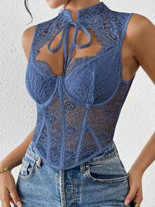 EZNV 1 pieza Corset con parte superior de encaje y espina de pescado, cinturilla de corsé - Neblina azul - Ver 4