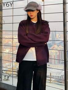 Y6Y 2026 New Autumn/Winter Korean Style Purple Women's Lazy High-End Loose Slimming Knit Sweater Cardigan Jacket - Purple - View 3
