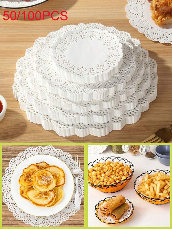 50/100pcs Round White Paper Doilies, Various Sizes, Oil-Proof Lace Fruit Plate Mats, Oil-Proof Paper Pads, Lace Table Mats, Round Paper Placemats, Disposable Paper Coasters, Suitable For Crafts, Tableware Decoration, Parties, Weddings, Birthday Cakes, Desserts, Baking, Grilling, Frying, Food, Air Fryer Liners, DIY Party Gifts And Table Decorations (4.5", 6.5", 8.5", 10.5" And 12")
