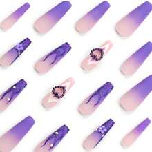 Purple Press On Nails Heart Fake Nails Tips Full Cover False Coffin Long Fire Nails For Women And FFgirls 24PCS{Inchcolor_nameinch:InchNails-14inch} - 釘子-14 - 查看 4
