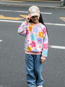 2 件套少女花卉印花运动衫和宽松牛仔裤套装，适合日常穿着、返校、公园、生日、秋冬季 - 淺藍色 - 查看 8