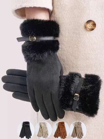 1 par dam höst-/vintermode mångsidiga fuskmockahandskar med termofoder och pekskärm, enfärgade, vindtäta och varma för utomhusbruk, ridning, shopping, julklapp