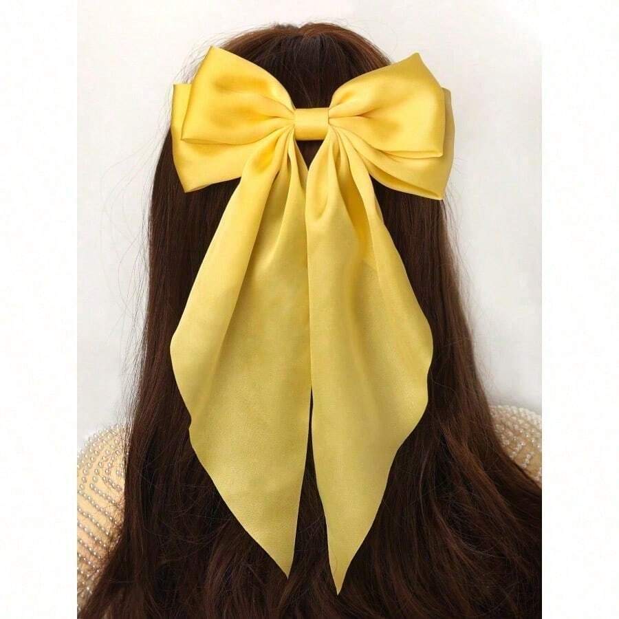 1pc Solid Color Satin Hair Clip With Ribbon Streamers And Large Bowknot, Versatile Hair Accessory For Women Valentine's Day Claw Clips Hair Claws Hair Barrettes, School Stuff, Elegant, College, Winter Outfit For Women, Bows, Cute - 黃色 - 查看 1