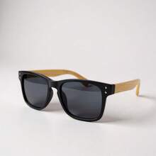 Men's And Women's Square/Round Sunglasses With Spring-Loaded Temples, Imitation Bamboo, UV400 Lenses - 3876/LENTE POLARIZADO PRETO - 查看 3