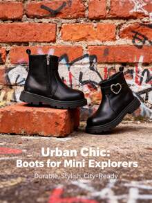 1 双时尚女童皮靴，儿童黑色踝靴，幼儿白色校鞋，心形扣和侧拉链设计，适合秋冬季假期和日常穿着