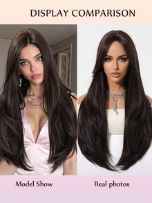 26 Inches Long Straight Layered Hair Brown Wig With Split Bangs Exquisite Sleek Enchanting High-Fashion Statement Piece Heat-Resistant Synthetic Fiber Party Wigs Suitable For Daily Party Festival And Cosplay Wigs For Women Hairstyle Christmas Wig - Dark Brown - 查看 2