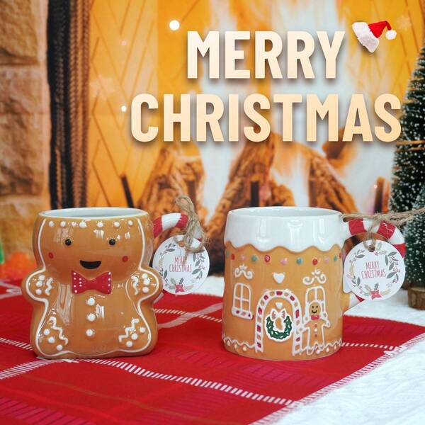 LECHENG HOUSEHOLD 1 Cup 1 Spoon, 320ml, Gingerbread House Cup, Gingerbread Man Cup, Handmade Painted Mug With 3D Embossed Pattern, Coffee Cup, Water Cup, Decorative Cup, Winter Cup, Suitable For Parties, Christmas, Christmas Eve, Holiday Gifts