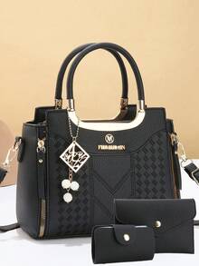 Set de 3 bolsos de mujer: bolso de hombro bordado, bolso cruzado de moda personalizado, set de bolsos - Negro - Ver 2