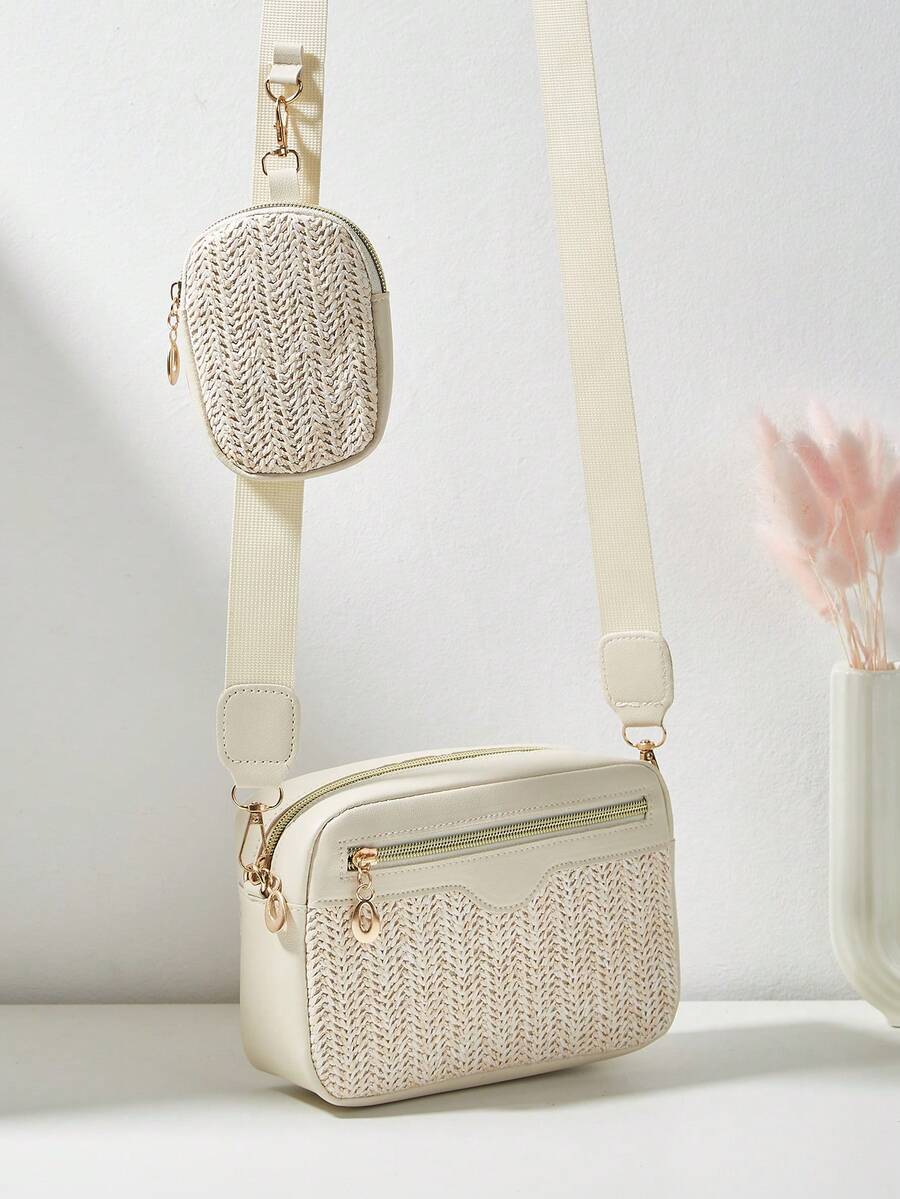 1pc Girls' Mini Wave Pattern Embossed Letter Pouch, Phone Wallet Coin Purse - Braided Apricot - View 1