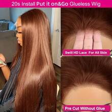 直发假发，无需胶水，预拔毛蕾丝前额，真人发混纺，棕色，自然发际线，无需胶水，巴西直发 #4，13X4 透明蕾丝前额闭合假发，无需胶水，女士假发，外观自然，适合新手 - 棕色 - 查看 4