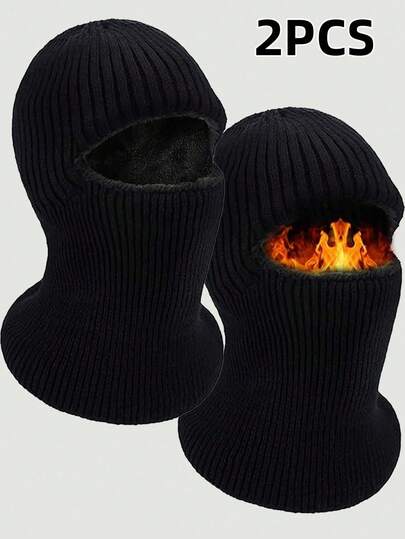 2 piezas Máscara de esquí para hombres, Máscara facial a prueba de viento tejida, Gorro de punto forrado térmico grueso y cálido, Adecuado para hombres, Accesorio de invierno, Bufanda facial, Gorro de invierno, Estilo de otoño