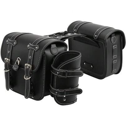 サイドバッグ バイク用 サドルバッグ 汎用 高密度レザー製 防水 99％車種対応 ペアセット 左右セット南京錠付き ドリンクホルダー付属 小物入れ ツーリング 大容量 取り付け簡単 金具防錆 荷物収納 通勤/通学/ショートツーリング ブラック