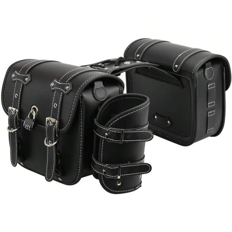 サイドバッグ バイク用 サドルバッグ 汎用 高密度レザー製 防水 99％車種対応 ペアセット 左右セット南京錠付き ドリンクホルダー付属 小物入れ ツーリング 大容量 取り付け簡単 金具防錆 荷物収納 通勤/通学/ショートツーリング ブラック - ブラック - チェックする 1