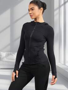 Women's Hooded Long Sleeve Sports Jacket With Thumbholes With Pockets, Breathable Athletic Casual Pullover, Sportswear, Fitness Clothing, Yoga Jacket, Fitness Clothing, Long Sleeve Cycling Sweatshirt, Women's Outdoor Sports Running Tops, Women's Yoga Hoodie Suitable For Running, Fitness, Yoga, Everyday Leisure - 黑色 - 查看 5