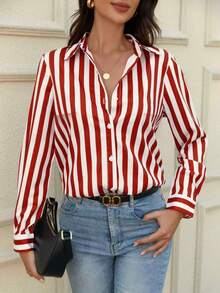大码女式优雅条纹纽扣前开襟长袖休闲衬衫 - 紅色 - 查看 2
