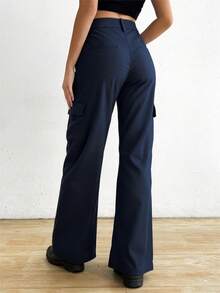 Pantalones de piernas anchas con botones para mujeres, tejidos sólidos, tejidos de poliéster ligeros y cómodos, pantalones individuales de moda elegante - azul real - Ver 2