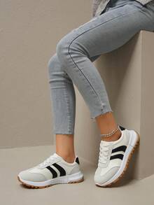 1 Pair Women's Flat Lace-Up Color Block Patchwork PU Leather & Mesh Splice Casual Sneakers, Outdoor All Season, Standard Size, Flat Gump Shoes