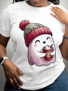 Camiseta 100% algodón de Talla Grande para Mujeres Jóvenes con Estampado de Elefante - 100% Casual Cuello Redondo Manga Corta Top para Primavera/Verano Ropa Urbana, Ropa de Tallas Grandes | Estampado de Elefante Juguetón | Textura Brillante - Blanco - Ver 2